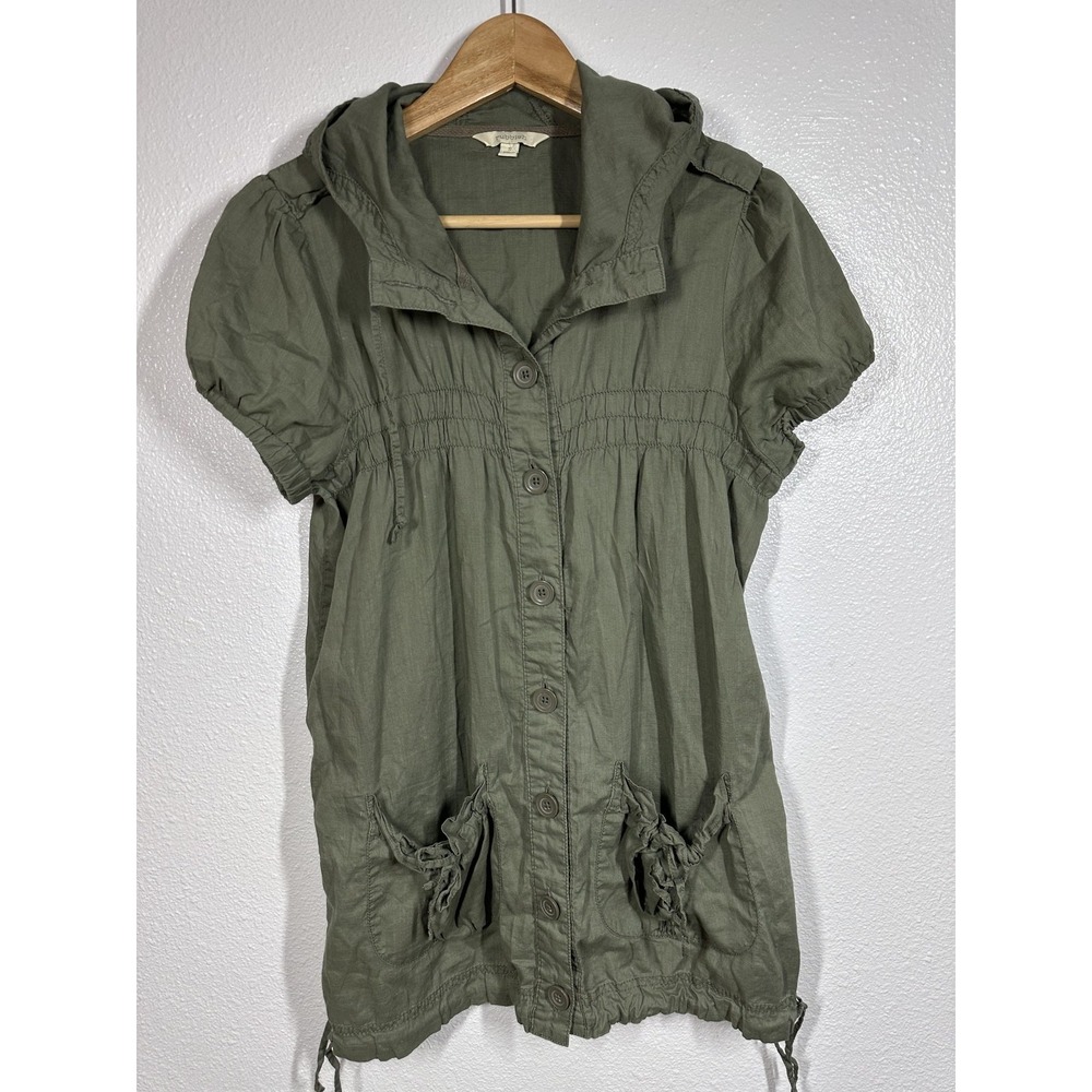 Rubbish Jacket Womens Small‎ Green Hooded Short Sleeve Button Drawstring Utility